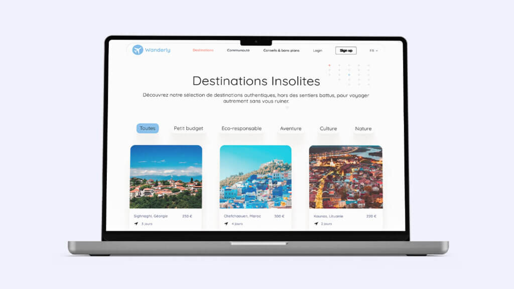Mockup d'un site de voyage réalisé par un étudiant de La Manu